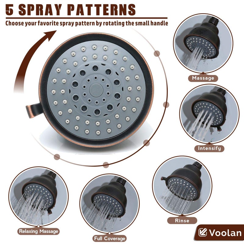 Voolan High Pressure Shower Head with Shower Arm - 5 Function Rain Shower Head - Comfortable Shower Experience Even at Low Water Flow - Oil-Rubbed Bronze - Image 2